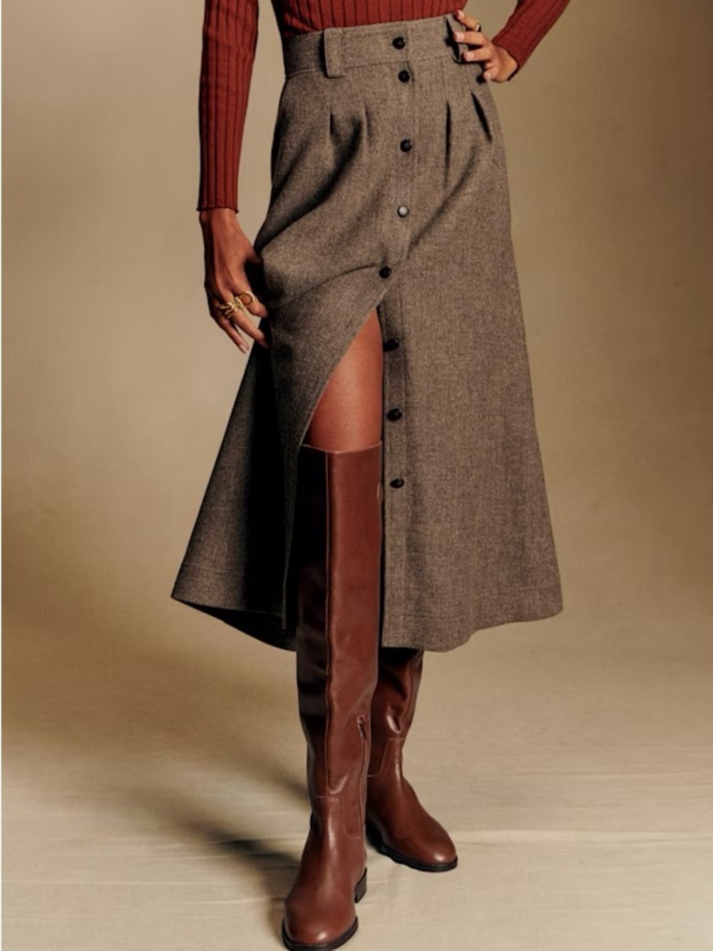 NWT Sézane Clarine Skirt in Taupe Wool size 10 42 midi preppy tweed discontinued - Picture 3 of 11